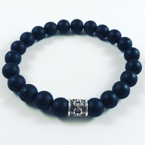 Big 10mm matte onyx viking silver bead bracelet - Picture 4 of 7